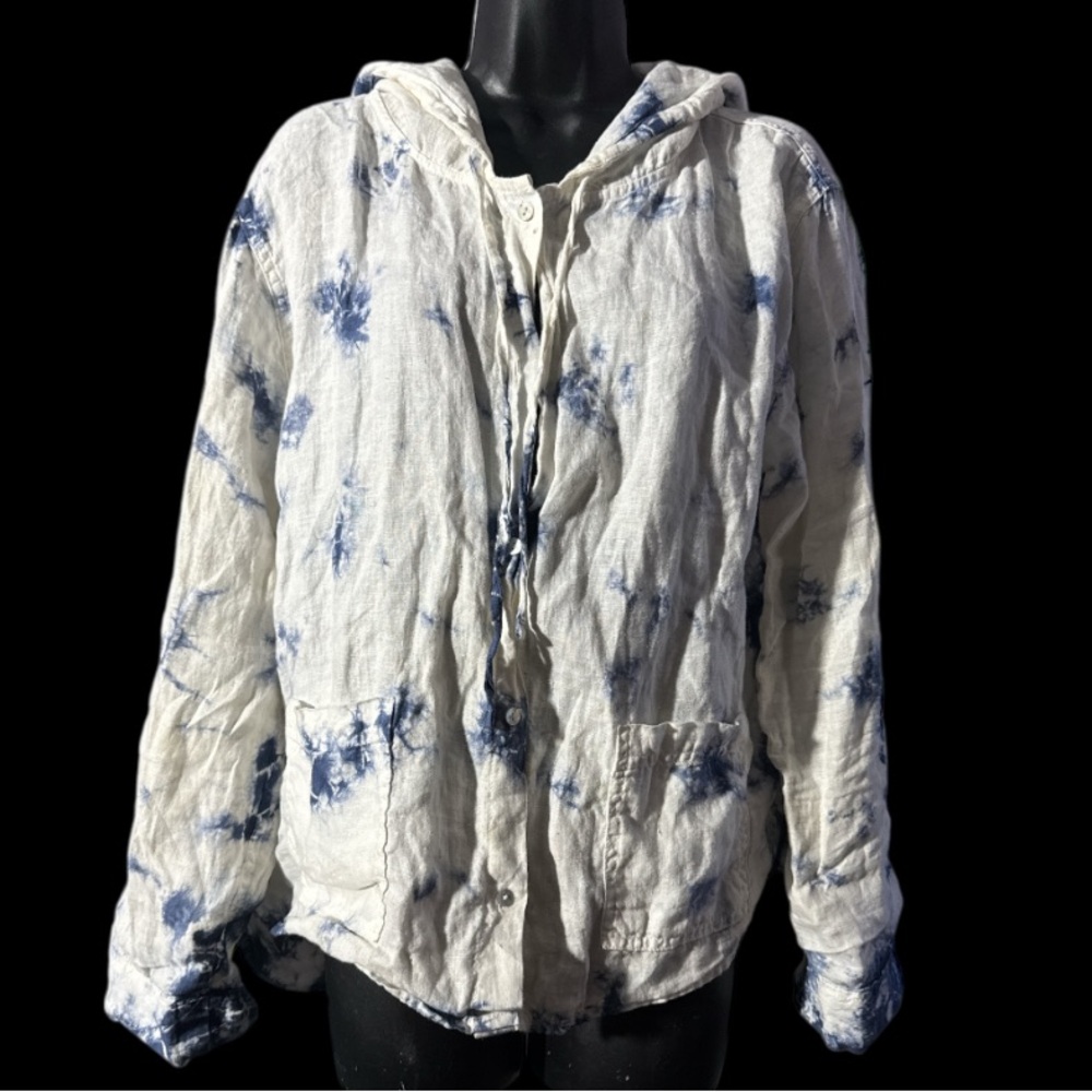 Rachel Zoe Linen Tie-Dye Hooded Button Up Women's Top - Blue and White - Size L - Picture 3 of 11